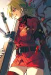  1girl anti-materiel_rifle blonde_hair blood breasts cowboy_shot gun hellsing katou_itsuwa red_eyes rifle seras_victoria sniper_rifle solo thigh-highs uniform weapon 