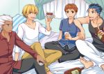  4boys :d archer barefoot blonde_hair blue_hair bottle brown_eyes emiya_shirou fate/stay_night fate_(series) gilgamesh glass haagen-dazs lancer male_focus multiple_boys open_mouth orange_hair pajamas red_eyes sakazuki shirt short_hair sitting smile wankoba white_hair 