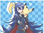  1girl blue_eyes blue_hair character_name closed_eyes commentary fire_emblem fire_emblem:_kakusei heart long_hair lucina mahoxyshoujo open_mouth pikachu pokemon pokemon_(creature) smile super_smash_bros. very_long_hair 