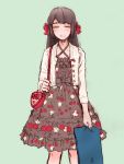  1boy bag blush bow brown_dress brown_hair closed_eyes crossdressinging dress floral_print food_themed_clothes frilled_dress frills fruit_print green_background hair_bow heart holding jacket open_clothes open_jacket original otoko_no_ko print_dress simple_background sketch smile solo standing yuki_touko 