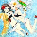  2girls ahoge akn92 bad_id bikini black_hair blonde_hair blue_eyes flower hair_flower hair_ornament innertube kantai_collection long_hair multiple_girls red_eyes remodel_(kantai_collection) shigure_(kantai_collection) skirt smile swimsuit water water_gun yuudachi_(kantai_collection) 