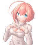  1girl blue_eyes breasts cleavage from_above highres looking_at_viewer open-chest_sweater original pink_hair ranken ribbed_sweater short_hair solo star star-shaped_pupils sweater symbol-shaped_pupils turtleneck upper_body 
