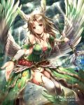  1girl breasts brown_eyes brown_hair cleavage clouds detached_sleeves fantasy feathered_wings flower gabiran head_wings jewelry light_rays looking_at_viewer necklace official_art outstretched_arm rose smile solo staff tenkuu_no_crystalia thigh-highs wings 