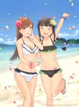  2girls arm_up beach black_hair braid brown_eyes brown_hair flower hair_flower hair_ornament kantai_collection kitakami_(kantai_collection) long_hair multiple_girls ooi_(kantai_collection) raised_fist sandals smile swimsuit ume_(plumblossom) 