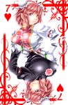  1girl bandaged_arm bandages breasts card card_(medium) chinese_clothes double_bun dual_persona flower hand_on_hip highres ibaraki_kasen looking_at_viewer pink_eyes pink_hair playing_card rose short_hair tabard touhou yoiti 