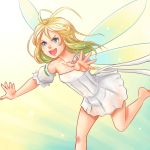  123hamster 1girl barefoot blonde_hair blue_eyes fairy_wings long_hair original solo wings 