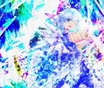  1girl blue_dress blue_hair bow cirno colorful crystal dress hair_bow ice ice_wings kuromochi_(qkbhf073) looking_at_viewer looking_to_the_side one_eye_closed open_mouth pointing short_hair solo teeth tongue touhou wings 