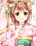  1girl brown_hair green_eyes japanese_clothes kimono looking_at_viewer love_live!_school_idol_project minami_kotori new_year omikuji one_side_up open_mouth petals solo suika_(sakkuhan) upper_body 