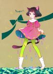  1girl abstract animal_ears bangs black_hair blunt_bangs boots bow brown_background cat_ears cat_tail commentary_request dress dress_lift fish green_legwear looking_to_the_side original pantyhose pekikokko pink_eyes puffy_sleeves simple_background sketch solo sparkle standing stitched tail 