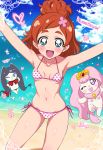  1girl :d beach bikini blue_eyes breasts go!_princess_precure haruno_haruka heart heart_print highres jewel_(the_black_canvas) looking_at_viewer miss_siamour ocean open_mouth outstretched_arms precure puff_(go!_princess_precure) redhead short_hair smile swimsuit 