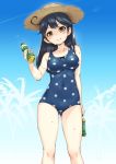  black_hair bottle breasts hat kantai_collection long_hair neo-masterpeacer one-piece_swimsuit spots straw_hat swimsuit ushio_(kantai_collection) 