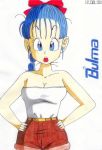  blue_eyes blue_hair bow bulma dragon_ball hair_bow hands_on_hips ponytail tagme 