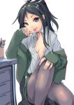  1girl absurdres alternate_costume alternate_hairstyle armadillo-tokage black_hair black_legwear blue_eyes commentary_request highres kantai_collection katsuragi_(kantai_collection) long_hair looking_at_viewer pantyhose ponytail sitting solo unbuttoned 