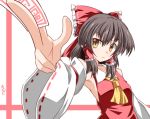  1girl armpits bow brown_hair detached_sleeves hair_bow hair_tubes hakurei_reimu ofuda sena_kizahashi short_hair solo wide_sleeves yellow_eyes 