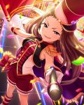  1girl artist_request band_uniform brown_hair confetti epaulettes flag gloves hat idolmaster idolmaster_cinderella_girls koseki_reina long_hair microphone official_art violet_eyes 