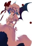  1girl absurdres bat_wings blue_hair bow dress fang hand_to_own_mouth hat hat_bow highres mob_cap pink_dress puffy_short_sleeves puffy_sleeves red_eyes remilia_scarlet short_sleeves smile solo tian_(my_dear) touhou wings 