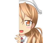  1girl :d brown_eyes brown_hair hat kantai_collection littorio_(kantai_collection) long_hair looking_at_viewer nagineko open_mouth peeking_out simple_background smile solo transparent_background 