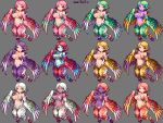  1girl blonde_hair breasts cleavage commentary_request dark_skin feathered_wings feathers green_eyes green_hair harpy large_breasts looking_at_viewer monster_girl navel original pink_hair pointy_ears purple_hair purple_skin red_eyes redhead sb_(coco1) short_hair simple_background smile solo talons white_hair wings yellow_eyes 