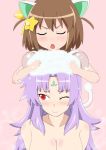  2girls animal_ears blush brown_hair cat_ears chuu-tan etotama hair_ornament highres long_hair maimai251 multiple_girls nyaa-tan purple_hair red_eyes smile tail washing_hair 