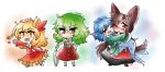  4girls aki_shizuha animal_ears autumn_leaves blonde_hair blue_hair blush brown_hair carrying character_name chibi closed_eyes commentary green_hair imaizumi_kagerou kazami_yuuka leaf long_hair mahoxyshoujo mermaid monster_girl multiple_girls one_eye_closed outstretched_arm parasol princess_carry red_eyes smile tail touhou umbrella wakasagihime yellow_eyes 