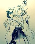  2girls anchor bow feeding flower force_feeding hair_flower hair_ornament hat hieda_no_akyuu hishaku japanese_clothes kimono maruhachi_(maruhachi_record) monochrome multiple_girls murasa_minamitsu open_mouth ribbon sailor sailor_hat short_hair touhou 