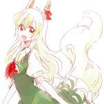  1girl bow collarbone dress ex-keine fang green_dress green_hair horn_ribbon horns kamishirasawa_keine long_hair looking_at_viewer multicolored_hair open_mouth puffy_sleeves red_eyes ribbon short_sleeves silver_hair six_(fnrptal1010) smile solo tail touhou two-tone_hair 