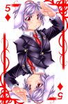  1girl :&lt; animal_ears blazer blush card card_(medium) highres looking_at_viewer necktie playing_card purple_hair rabbit_ears red_eyes reisen salute short_hair touhou yoiti 