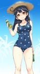  1girl ahoge bare_shoulders black_hair blush bottle breasts brown_eyes hat kantai_collection long_hair looking_at_viewer neo-masterpeacer one-piece_swimsuit polka_dot polka_dot_swimsuit smile solo straw_hat swimsuit ushio_(kantai_collection) wet 