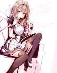  1girl black_legwear brown_eyes brown_hair dated food garter_straps haruka_natsuki ice_cream looking_at_viewer maid maid_headdress original sitting solo sundae thigh-highs wrist_cuffs 