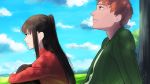  1boy 1girl amino_(tn7135) black_hair blonde_hair blue_eyes clouds emiya_shirou fate/stay_night fate_(series) from_side long_hair one_side_up orange_hair sitting sky tohsaka_rin toosaka_rin 