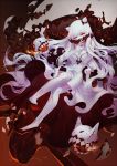  1girl breasts cleavage covered_mouth criin_(659503) dress fingernails full_body high_heels horns kantai_collection large_breasts long_hair looking_at_viewer midway_hime pale_skin red_eyes sharp_fingernails shinkaisei-kan solo veins very_long_hair white_dress white_hair 
