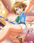  1girl ahoge artist_request bracelet breasts brown_hair closed_umbrella glasses green_eyes hair_ornament hairclip idolmaster idolmaster_cinderella_girls jewelry mole official_art short_hair shorts tsuchiya_ako umbrella 