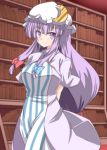  1girl arms_behind_back crescent dress hat library patchouli_knowledge purple_hair sena_kizahashi smile solo touhou vertical-striped_dress vertical_stripes violet_eyes 