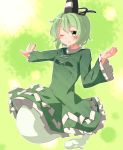 1girl blush dress frilled_skirt frills ghost_tail gradient gradient_background green_dress green_eyes green_hair hat highres looking_at_viewer maikuro ofuda one_eye_closed outstretched_arm skirt smile soga_no_tojiko solo tate_eboshi touhou 