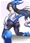  1girl ass black_hair black_legwear blue_eyes chinese_clothes dragon_tail fingerless_gloves foreshortening gloves head_fins horns karin_(p&amp;d) kneeling long_hair mito_yoshihiro open_mouth pantyhose puzzle_&amp;_dragons solo tail 