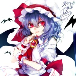  1girl ascot bat_wings brooch chin_grab dress hair_between_eyes highres jewelry lavender_hair light_smile looking_at_viewer mob_cap puffy_short_sleeves puffy_sleeves red_eyes remilia_scarlet renkarua short_hair short_sleeves slit_pupils solo touhou white_dress wings 