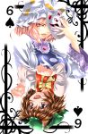  2girls animal_ears bowtie card card_(medium) cat_ears chen earrings fang fox_mask hat highres jewelry looking_at_viewer mask multiple_girls open_mouth parted_lips paw_pose playing_card short_hair smile touhou yakumo_ran yoiti 