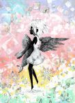  1girl black_skin black_wings boburii bubble dress floating flower folded_wings from_side highres holding original rainbow_order solo sundress tagme traditional_media watercolor_(medium) whale white_hair wings 