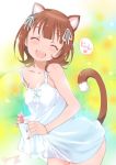  1girl :d ^_^ amami_haruka animal_ears bare_back brown_hair cat_ears cat_tail closed_eyes dress idolmaster inoue_sora jpeg_artifacts leaning_forward looking_at_viewer nail_polish open_mouth see-through_silhouette smile solo sundress tail white_dress 