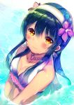 1girl bikini blue_hair breasts cleavage hairband highres hikari_no long_hair looking_at_viewer love_live!_school_idol_project natsuiro_egao_de_1_2_jump! partially_submerged smile solo sonoda_umi swimsuit yellow_eyes 
