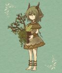  androgynous anklet aqua_background barefoot flower_ornament green_eyes green_hair holding horn_ornament horns jewelry original pixiv_fantasia plant pointy_ears poncho satsumai simple_background sketch skirt skirt_set solo tree wrist_cuffs 