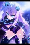  1girl absurdres blue_eyes braid choujigen_game_neptune cleavage_cutout fighting_stance hair_ornament highres huge_filesize long_hair neptune_(choujigen_game_neptune) neptune_(series) planeptune purple_hair purple_heart solo symbol-shaped_pupils twin_braids 