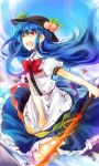  &gt;:d 1girl :d blue_hair dress dress_tug food food_on_head fruit fruit_on_head hat hinanawi_tenshi kutsuki_kai layered_dress long_hair object_on_head open_mouth peach red_eyes smile solo sword_of_hisou touhou very_long_hair 