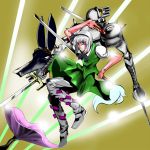  1girl anubis_(stand) blue_eyes bowtie dress dual_wielding green_dress hairband jean_pierre_polnareff jojo_no_kimyou_na_bouken katana konpaku_youmu koorogi_(misstext) looking_at_viewer parody short_hair short_sleeves silver_chariot silver_hair sword touhou weapon 