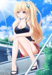  1girl alternate_hairstyle artist_name blonde_hair blue_eyes casual choujigen_game_neptune clouds deviantart_thumbnail keenh long_hair neptune_(series) resized side_ponytail sitting sky solo vert 