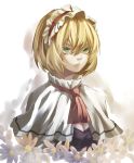  1girl absurdres alice_margatroid ascot blonde_hair breasts capelet cleavage daisy eredhen facing_away flower gradient gradient_background green_eyes hairband highres lips lolita_hairband parted_lips short_hair simple_background solo touhou upper_body 