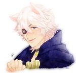  1boy animal_ears bell bell_collar blue_eyes cat_ears collar eyepatch fire_emblem fire_emblem_if open_mouth solo white_hair zero_(fire_emblem_if) 