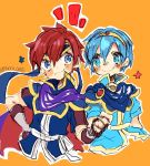  /\/\/\ 2boys bandana blue_eyes blue_hair boots cape fire_emblem fire_emblem:_fuuin_no_tsurugi fire_emblem:_mystery_of_the_emblem hand_on_hip looking_at_another marth multiple_boys redhead repikinoko roy_(fire_emblem) sash short_hair smile star tiara twitter_username 