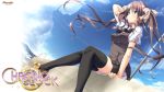  1girl andou_misaki arm_behind_head black_legwear bow breasts brown_hair chrono_clock clouds hair_bow highres impossible_clothes koku long_hair looking_up official_art school_uniform short_sleeves sitting sky solo thigh-highs twintails very_long_hair violet_eyes wallpaper 