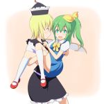  2girls blonde_hair blue_dress bow carrying cato_(monocatienus) daiyousei dress fairy_wings green_eyes green_hair hair_ribbon hat lunasa_prismriver multiple_girls open_mouth princess_carry puffy_short_sleeves puffy_sleeves ribbon shirt short_sleeves side_ponytail skirt skirt_set smile touhou vest wings 
